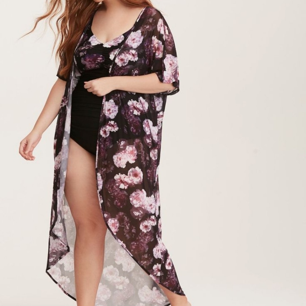 Torrid Black & Purple Floral Mesh Kimono Size 00/0 (M/L)